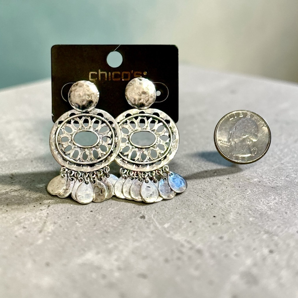 Chico's Silver Filigree Fringe Statement Earrings NWT - Picture 2 of 8